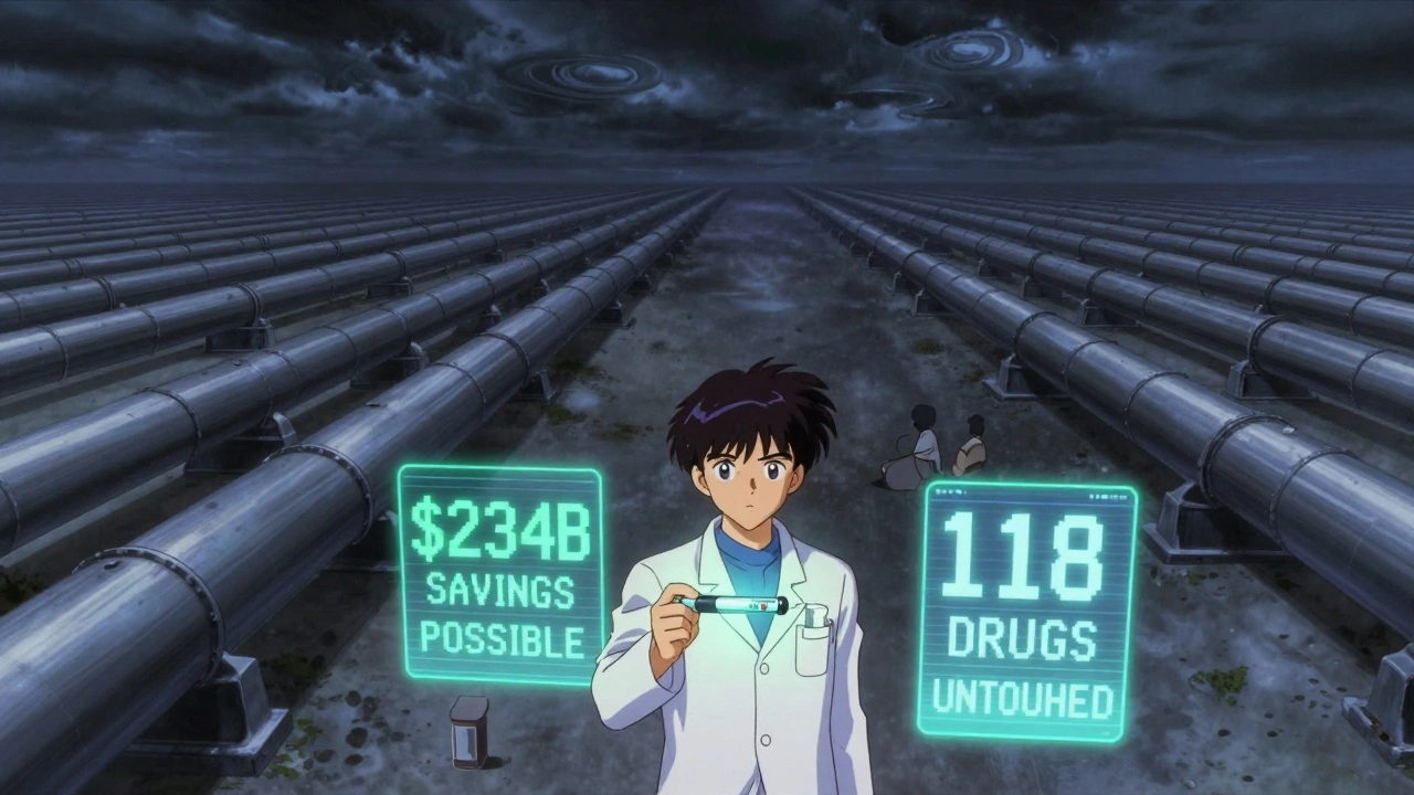 Empty drug pipeline with one engineer holding a biosimilar prototype, 4B savings data floating, anime style.