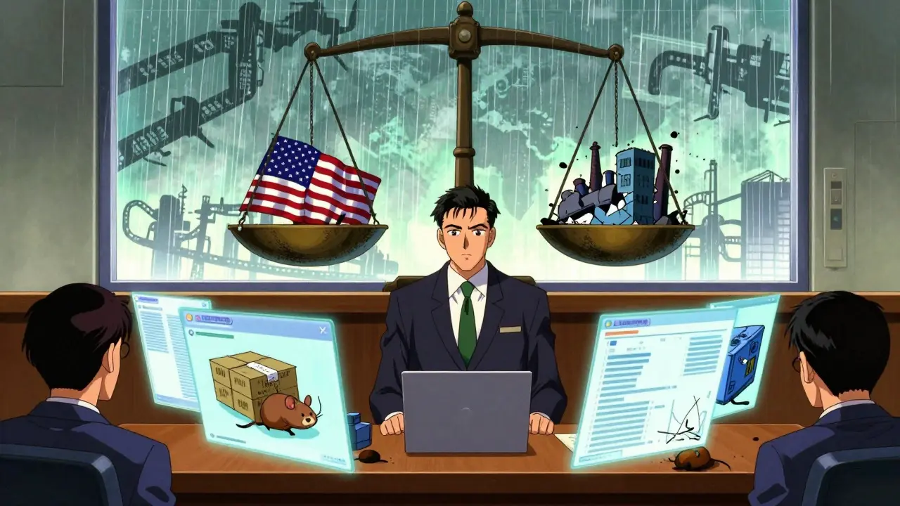 Foreign factory owner in courtroom surrounded by holograms of rejected shipments and crumbling factory.