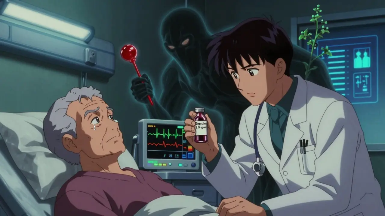 Hospital patient with erratic heart monitor, ghostly licorice and herb shadows, medical readouts glowing blue.