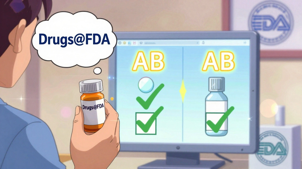 Patient seeing brand and generic drug equivalence through a glowing Drugs@FDA display