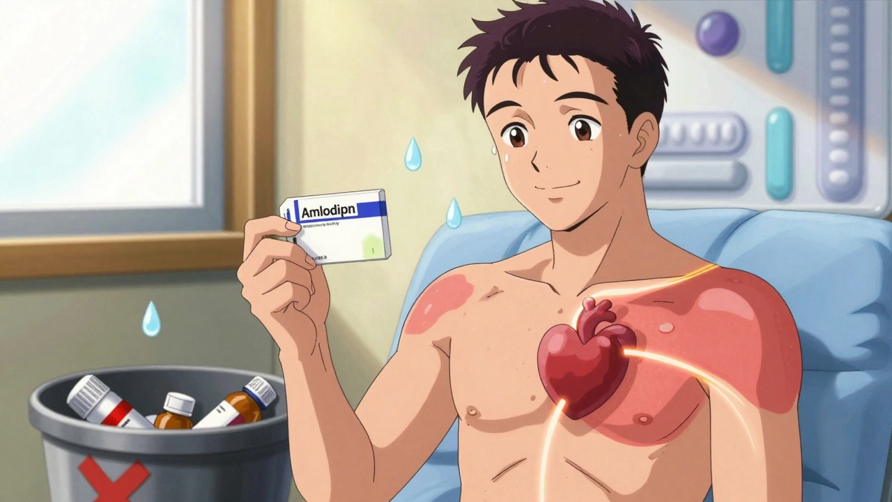 Patient smiling as skin heals, holding new prescription while old meds are discarded in shadow.