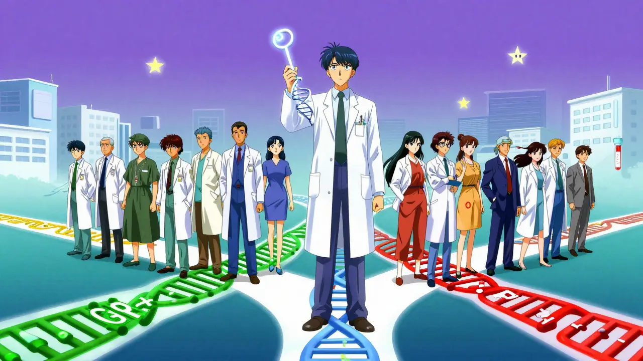 Patients at a genomic crossroads, guided by a DNA key, in a surreal landscape of genes and hospitals.