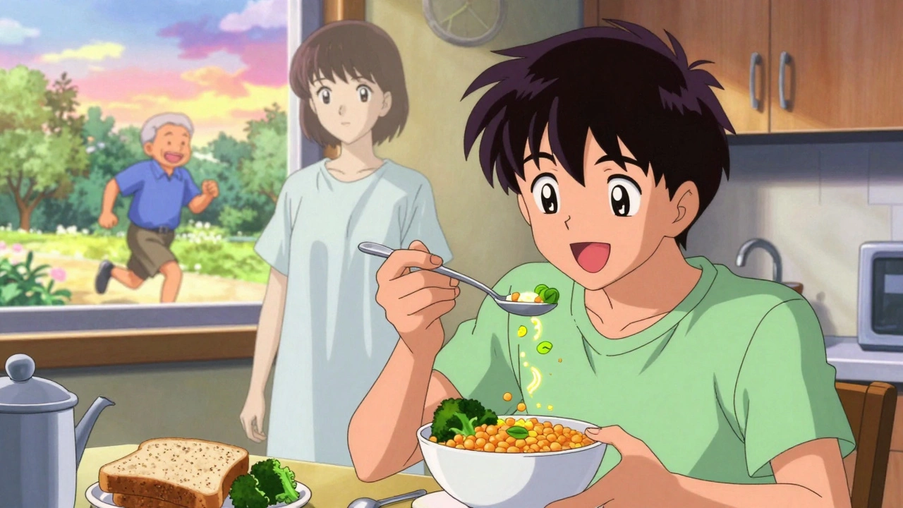 Person eating high-fiber meal with floating fiber icons, past hospital self fading away, sunny kitchen scene.