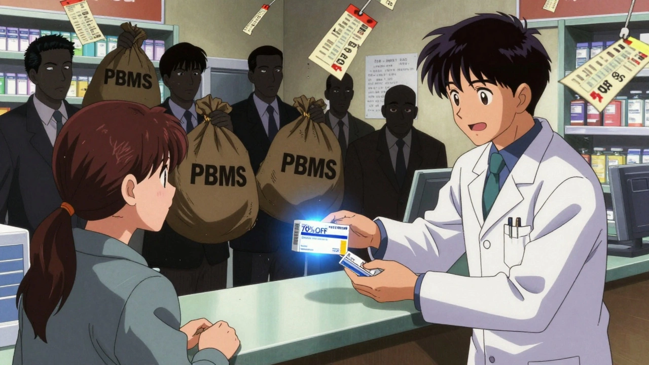 Pharmacist giving a biosimilar prescription to a patient while corporate figures hold rebates, 90s anime style.