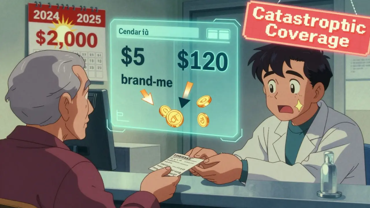 Pharmacist giving prescription to senior as holographic price comparison shows generic vs brand-name costs.