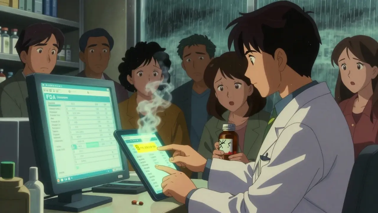 Pharmacist viewing a recall alert on a holographic screen, patients in background holding suspicious pills.