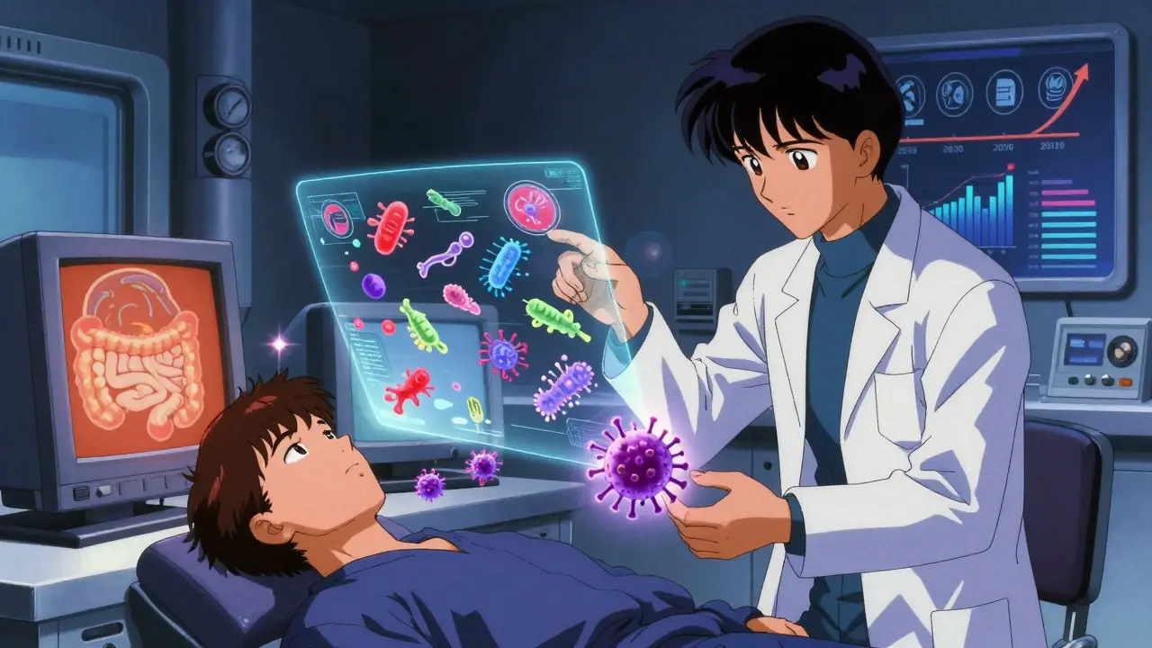 Scientists analyzing holographic gut microbiome with targeted bacteriophage treatment in futuristic lab