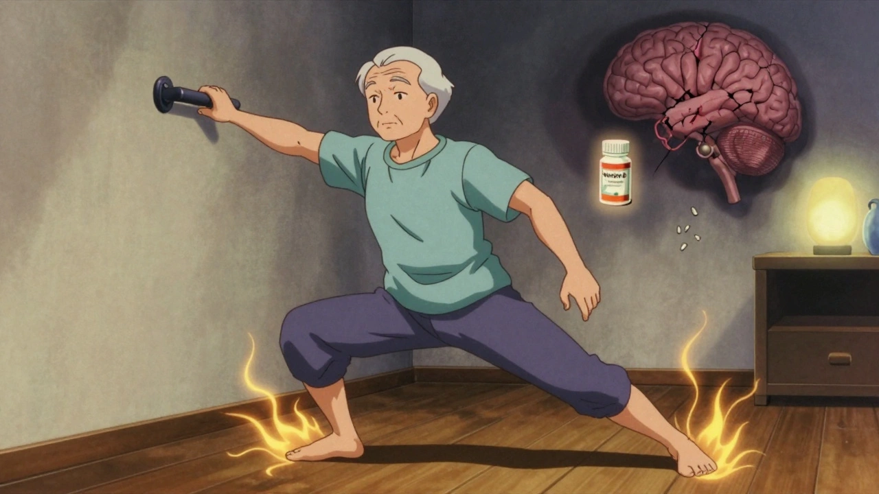 Senior doing balance exercises at home, glowing energy connecting them to a safe, fall-free environment.