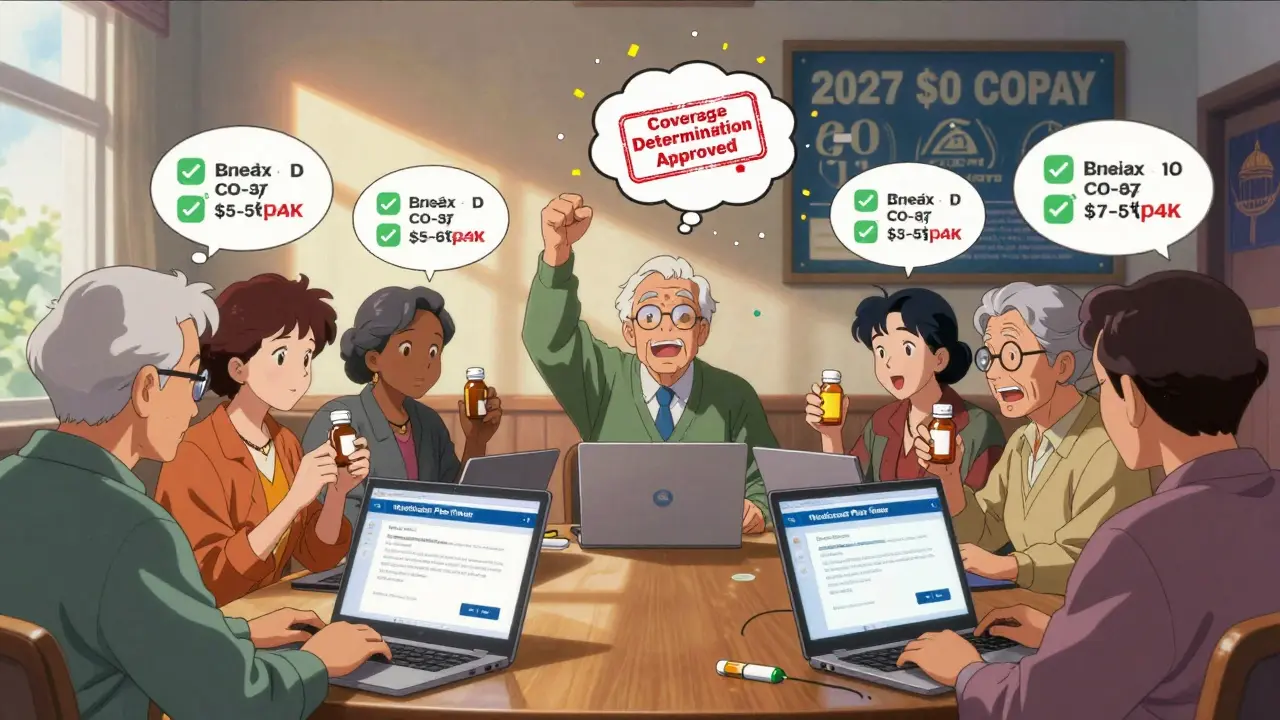 Seniors using laptops to compare drug plans, floating cost icons and approval stamps glowing in anime style.