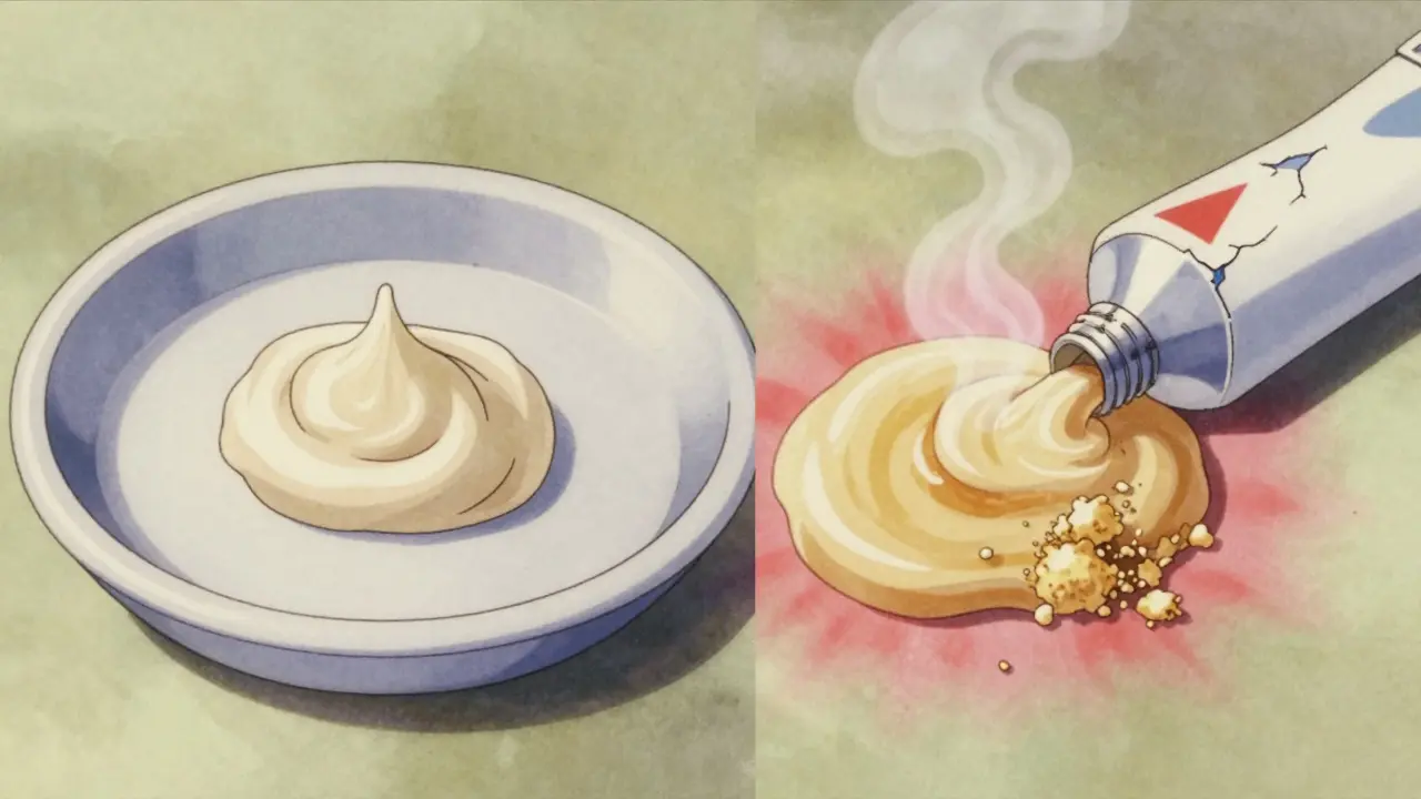 Side-by-side comparison of smooth cream versus separated, grainy degraded ointment.