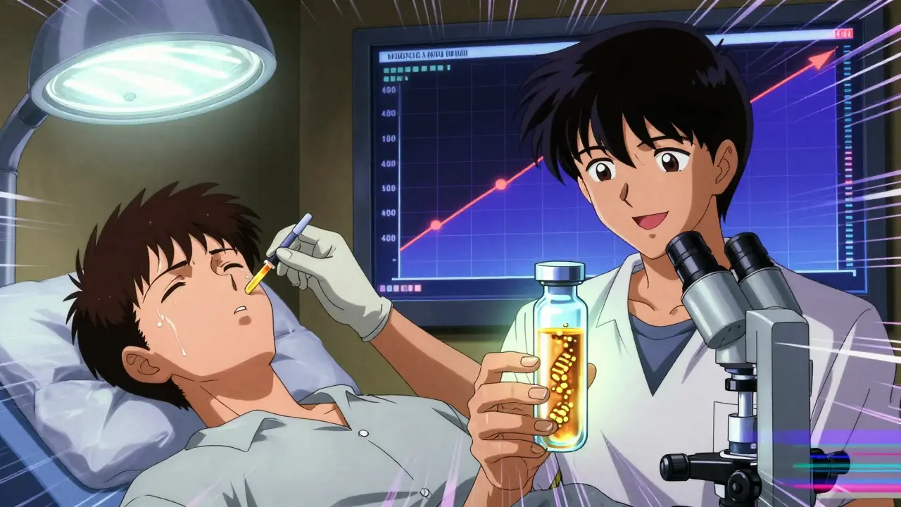Split scene: biopsy on one side, liquid biopsy with glowing DNA on the other, medical graphs in background.