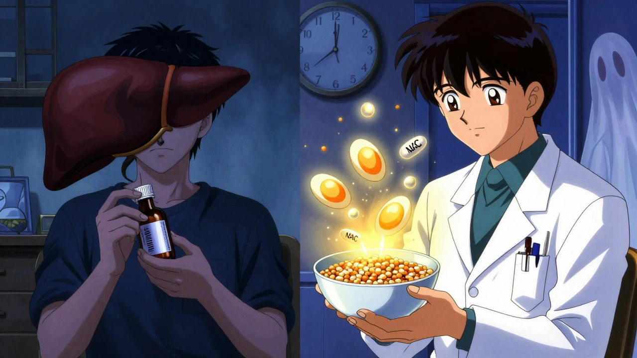 Split scene: dangerous paracetamol use vs healthy nutrition during alcohol detox.