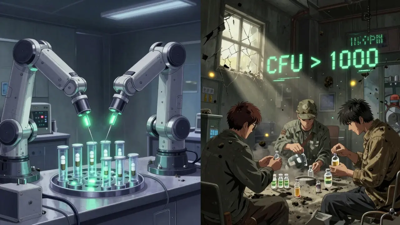 Split scene: modern automated drug factory vs. old contaminated factory with floating mold spores.