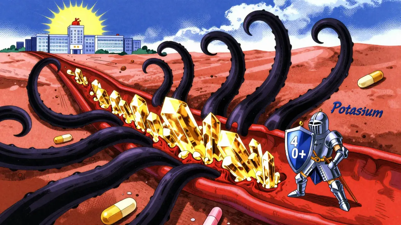 Symbolic battle in artery: digoxin crystals vs. drug tentacles, potassium knight shielding the heart.