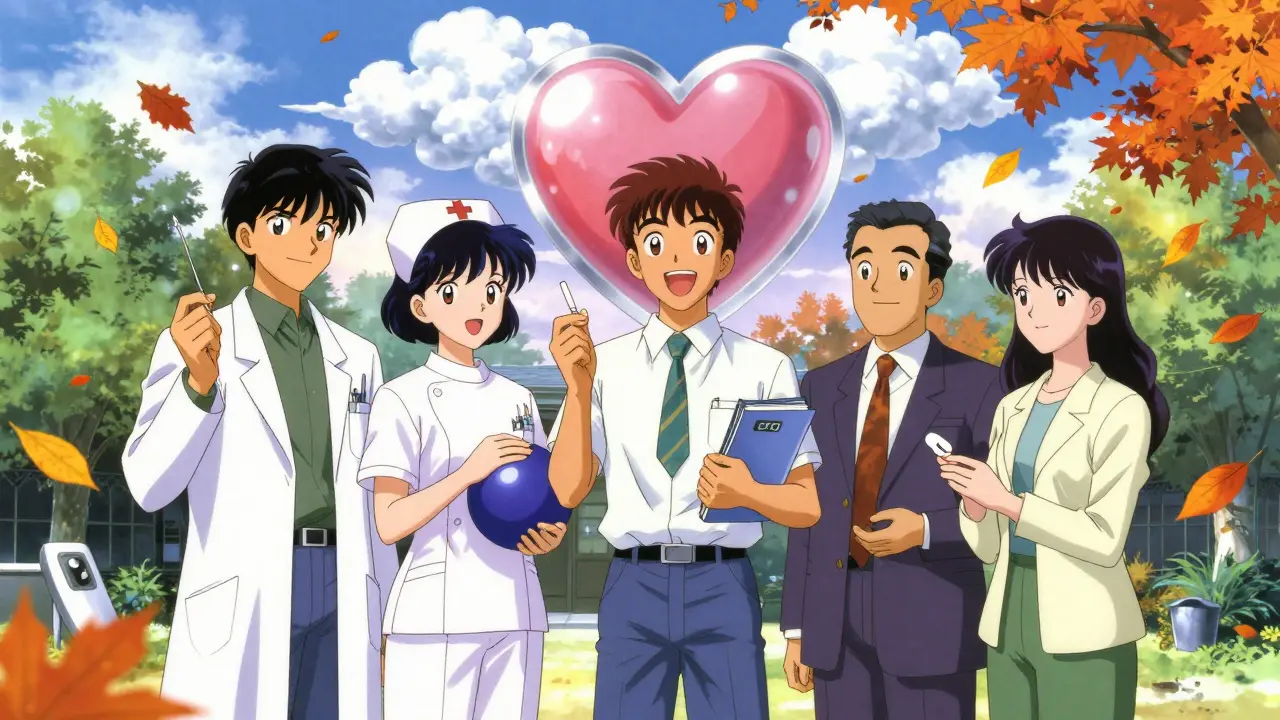A care team holding non-opioid tools under a shield blocking toxic clouds, autumn leaves swirling, 90s anime style.