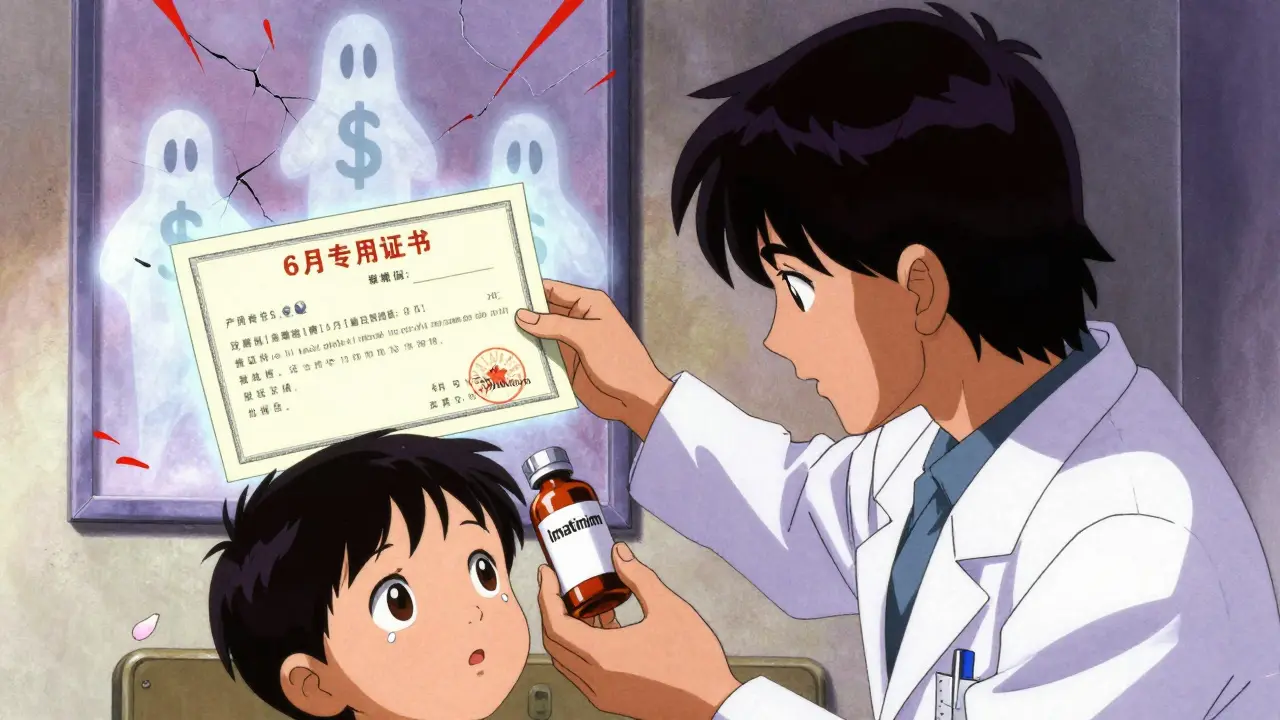 A child holds a medicine bottle as a shadowy figure offers a 6-month extension, with ghostly patients behind.