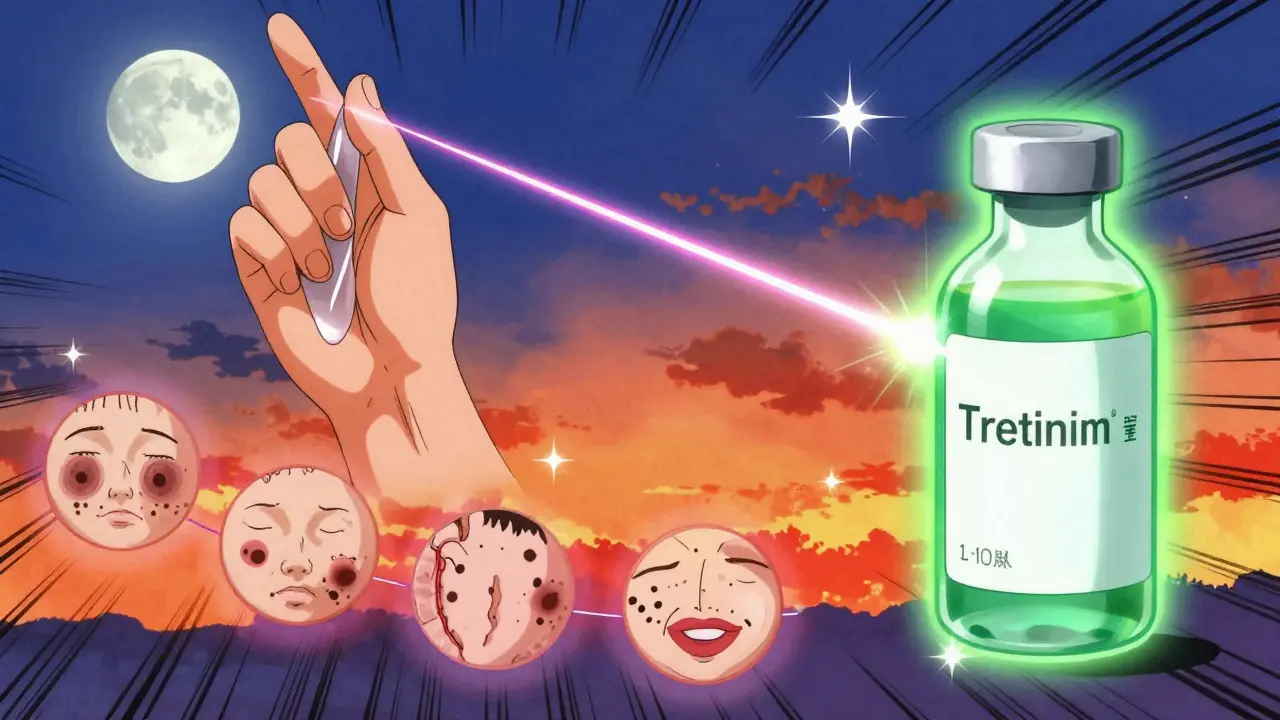 A collage of skincare treatments—silicone gel, laser, and tretinoin—shown as glowing symbols in a healing timeline.