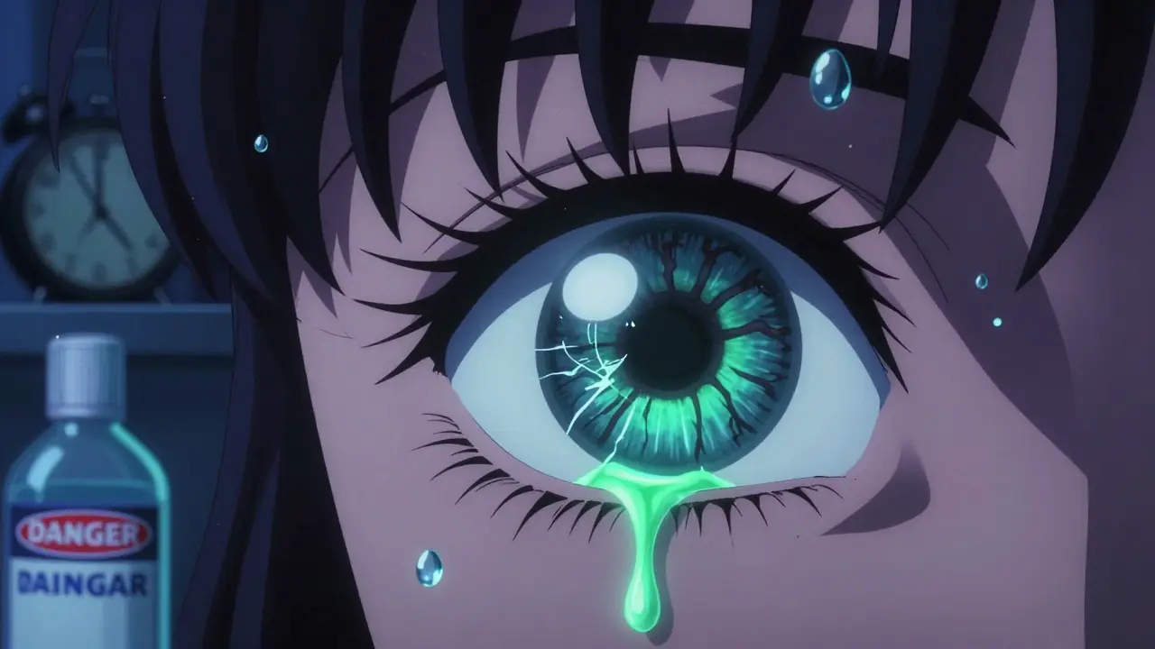 A contact lens infected with glowing biofilm as a parasite crawls on the eye in dark room.