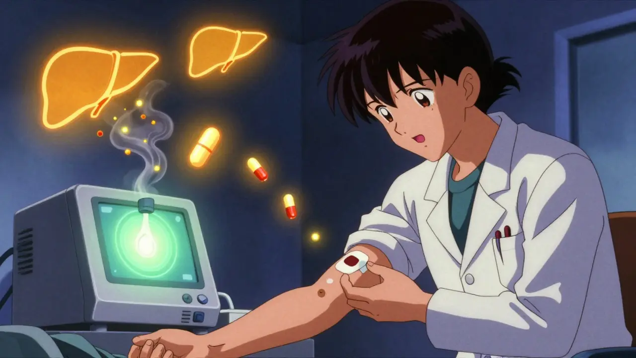 A doctor applying a fentanyl patch as toxic metabolites dissolve, buprenorphine capsules glowing like fireflies, 90s anime style.