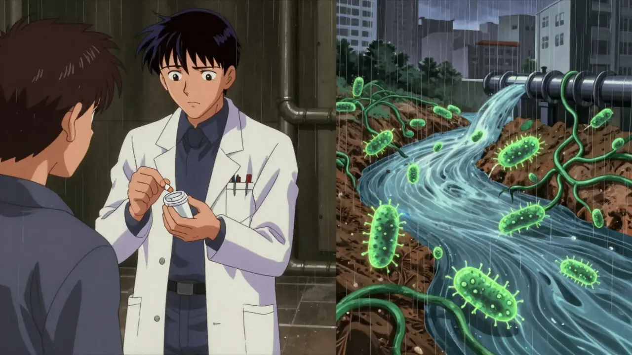 A doctor giving a pill while invisible resistant bacteria spread through water pipes and soil.