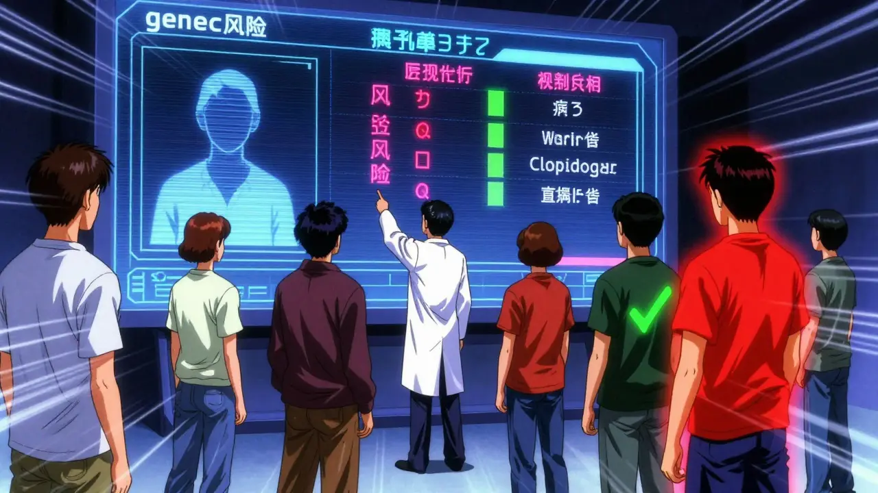 A doctor shows a genetic risk screen to diverse patients, with warning symbols glowing above their heads.