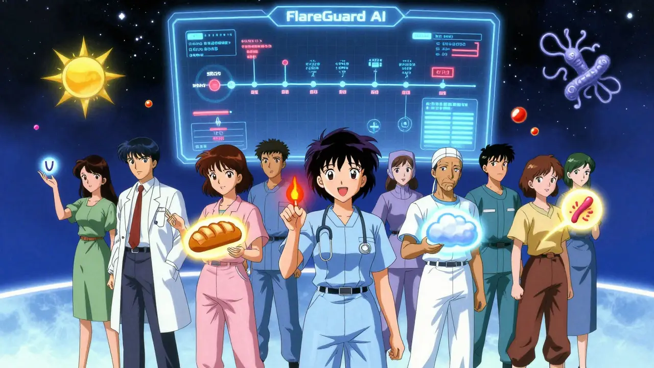 A group of patients in a glowing circle holding symbols of their triggers, with a predictive AI interface above them under a starry sky.
