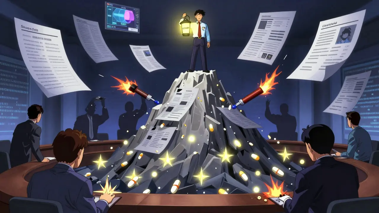 A lone FDA agent stands on a mountain of inspection data as shadowy figures try to erase records, pills fall like stars below.