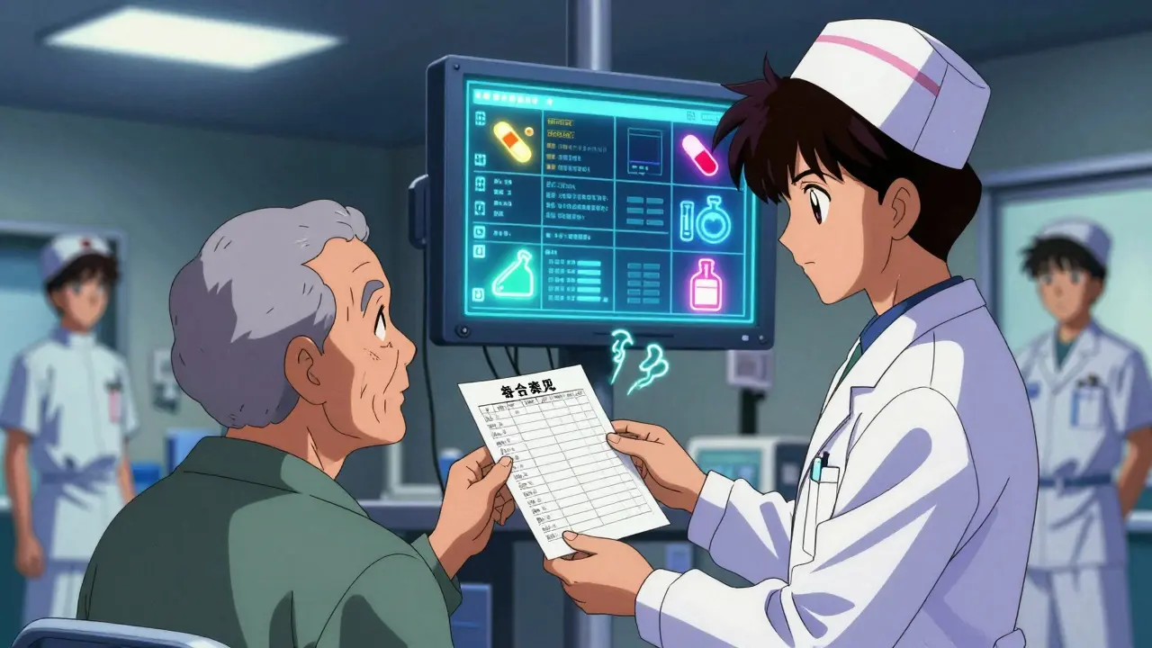 A nurse and doctor reviewing a medication list in a hospital ER with glowing digital charts.