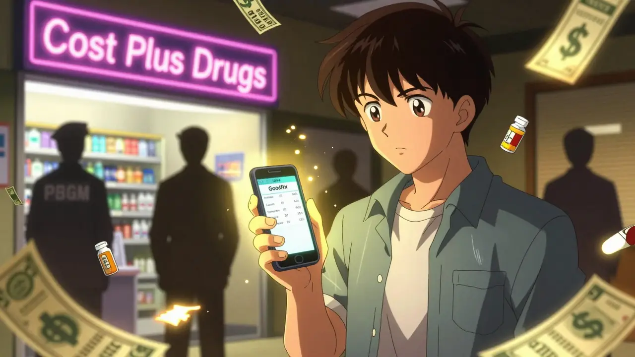 A patient checking cash prices on a phone beside a glowing pharmacy, insurance prices fading behind them.