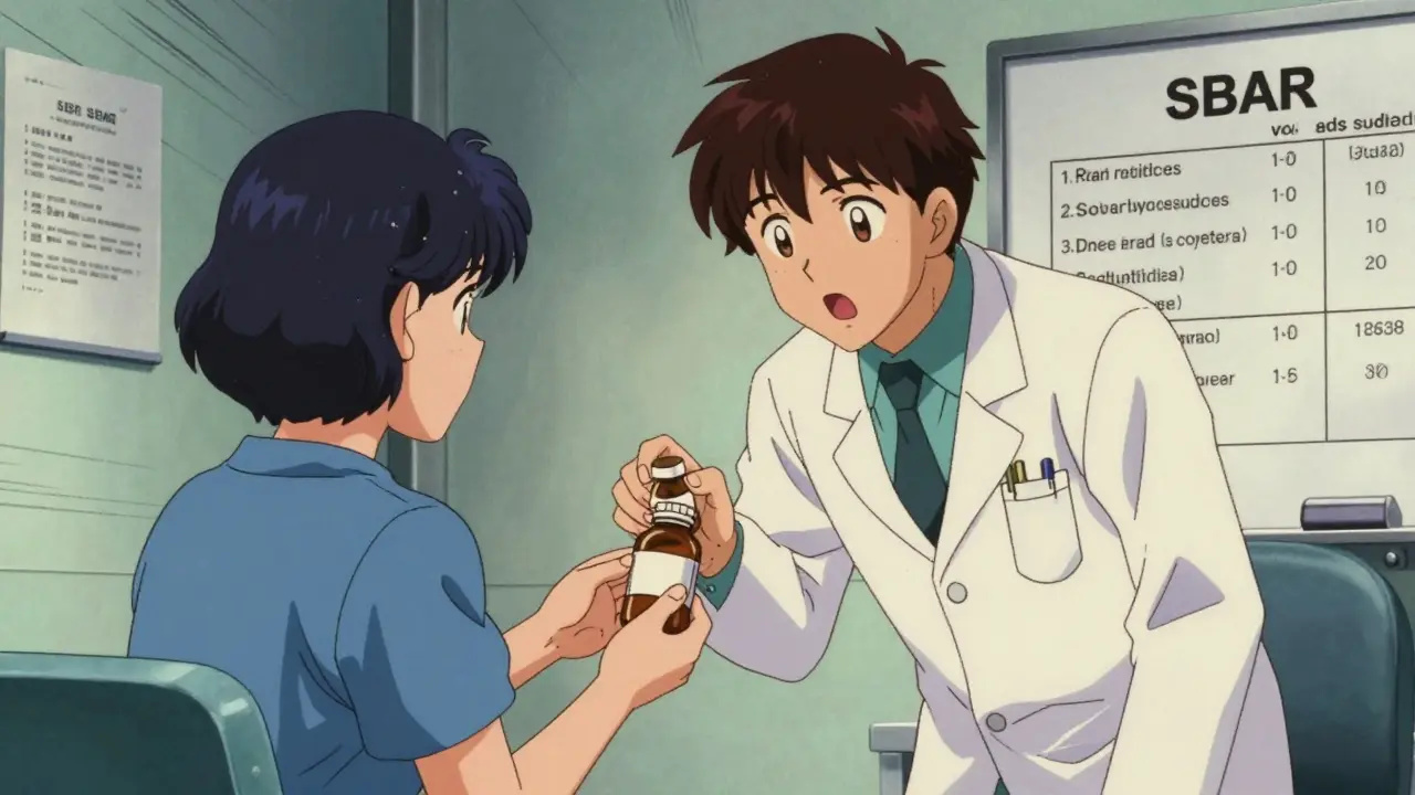 A patient shows medication bottles to a doctor during a clinic visit.