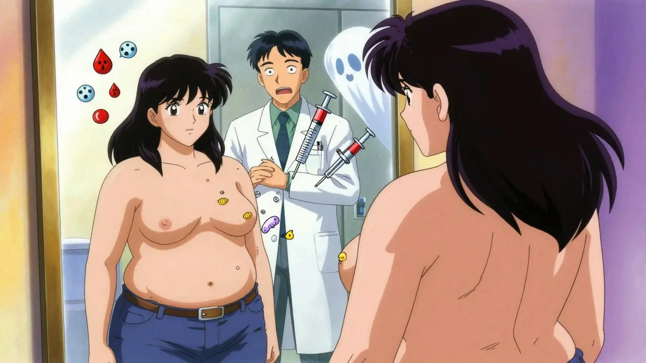 A person's reflection splitting into two versions: one thin with high blood sugar, one heavier with insulin symbols.