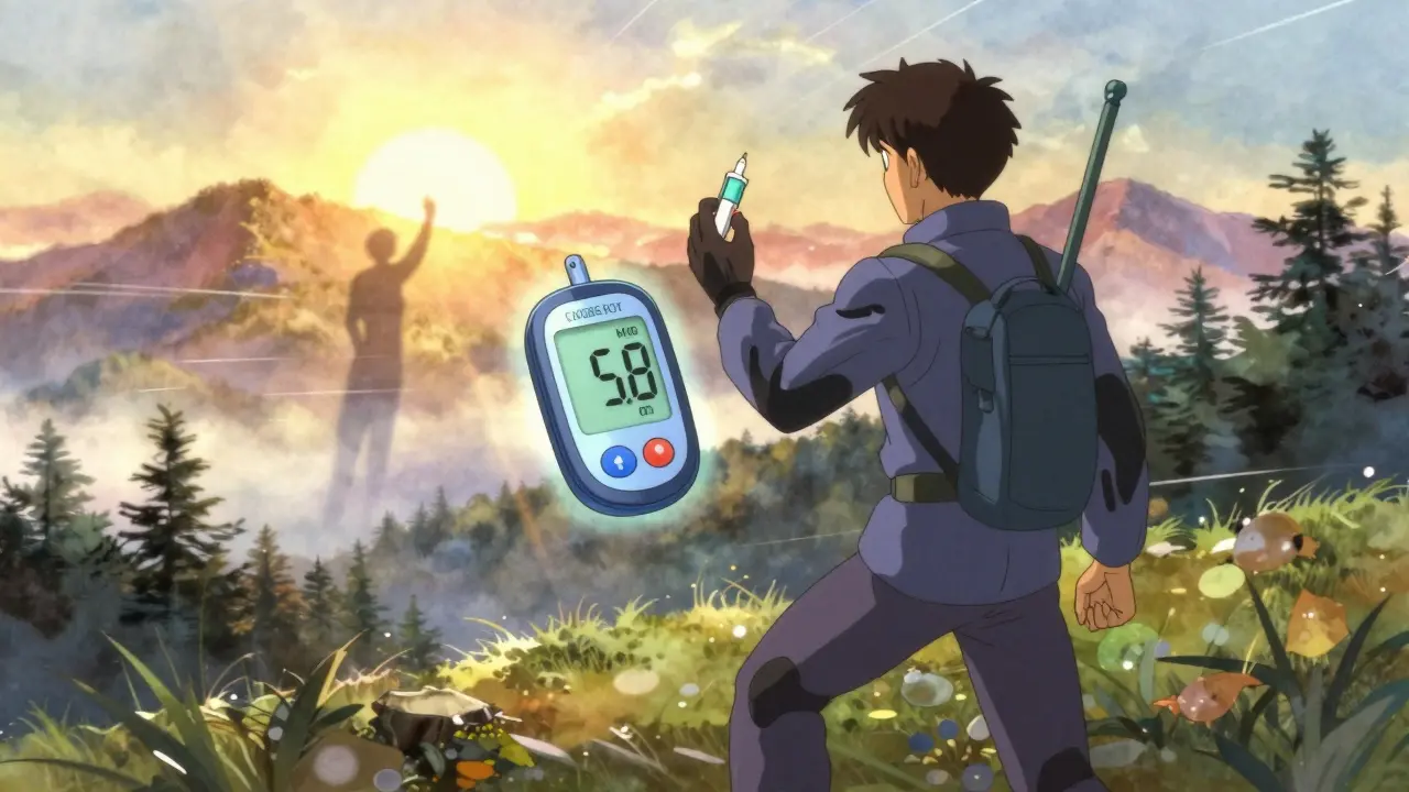 A person hiking at sunrise with a medical device glowing, showing stable blood sugar, surrounded by nature.