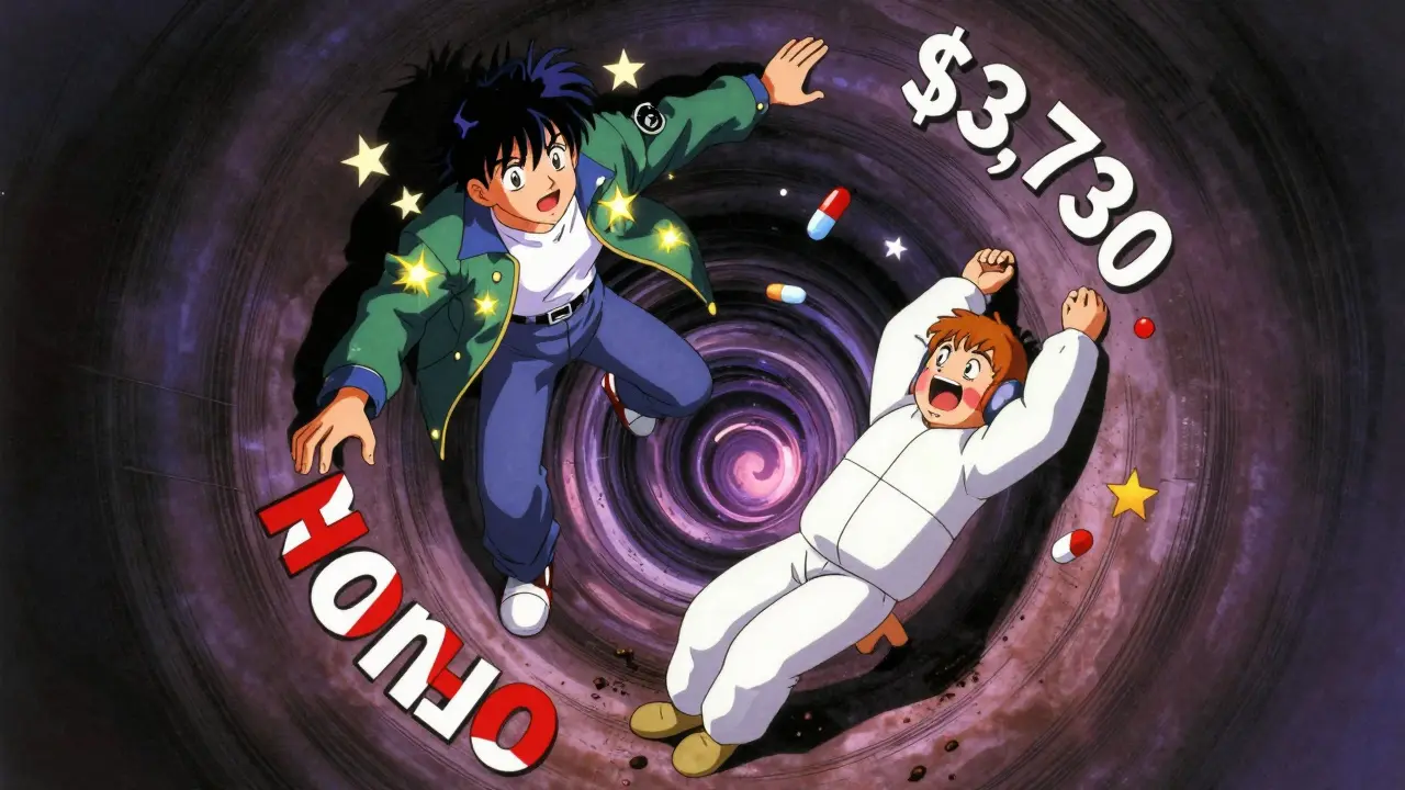 A person trapped in a spiraling donut hole tunnel labeled ,730, while another climbs out after spending 2.