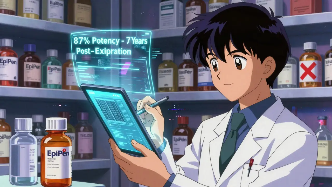 A pharmacist scanning a pill bottle that displays a holographic potency timeline.