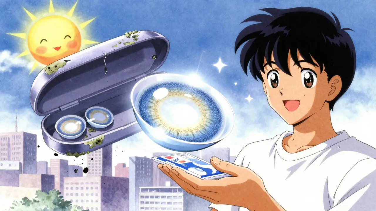 A pristine daily contact lens floating beside a decayed case, sunrise in background.