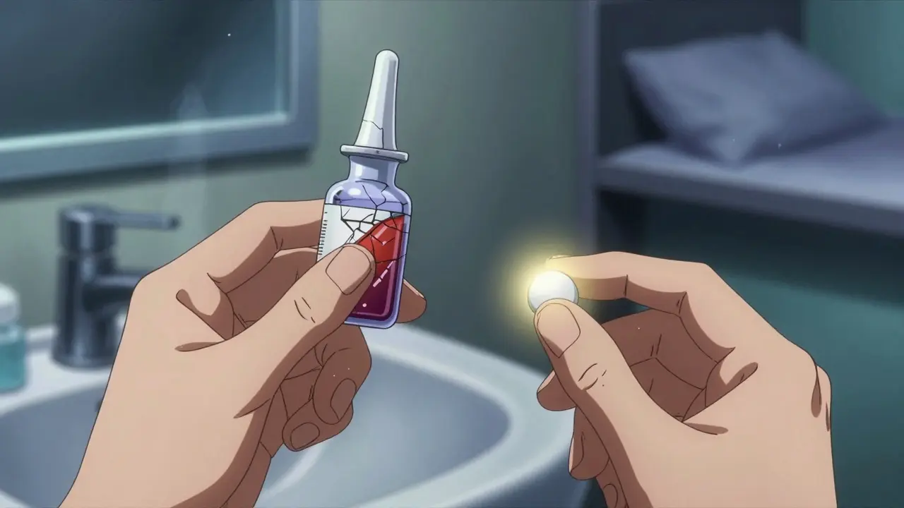 Contrasting hands holding a degraded liquid medicine vs. a stable tablet with glowing effects.