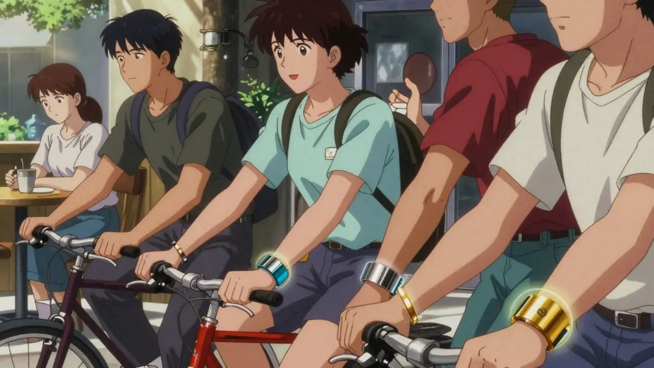 Diverse people wearing medical alert bracelets on their dominant wrists in daily life, glowing softly as symbols of safety.