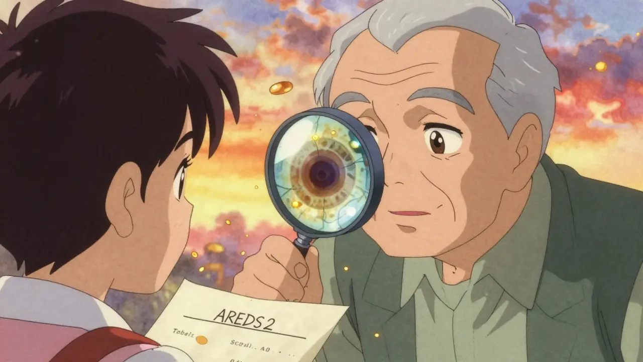 Elderly man reading letter as AREDS2 vitamins slow retinal degeneration around central vision