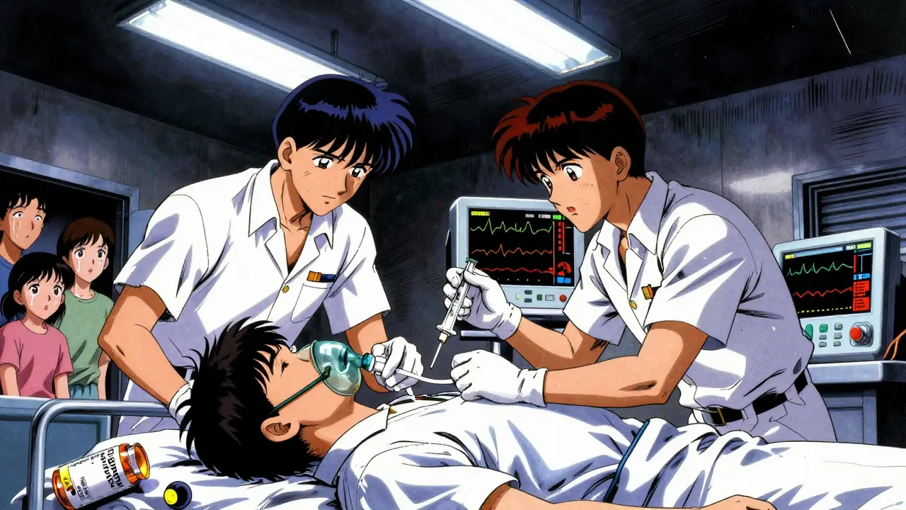 Emergency responders in a hospital trying to revive a patient after a drug overdose, naloxone in hand.