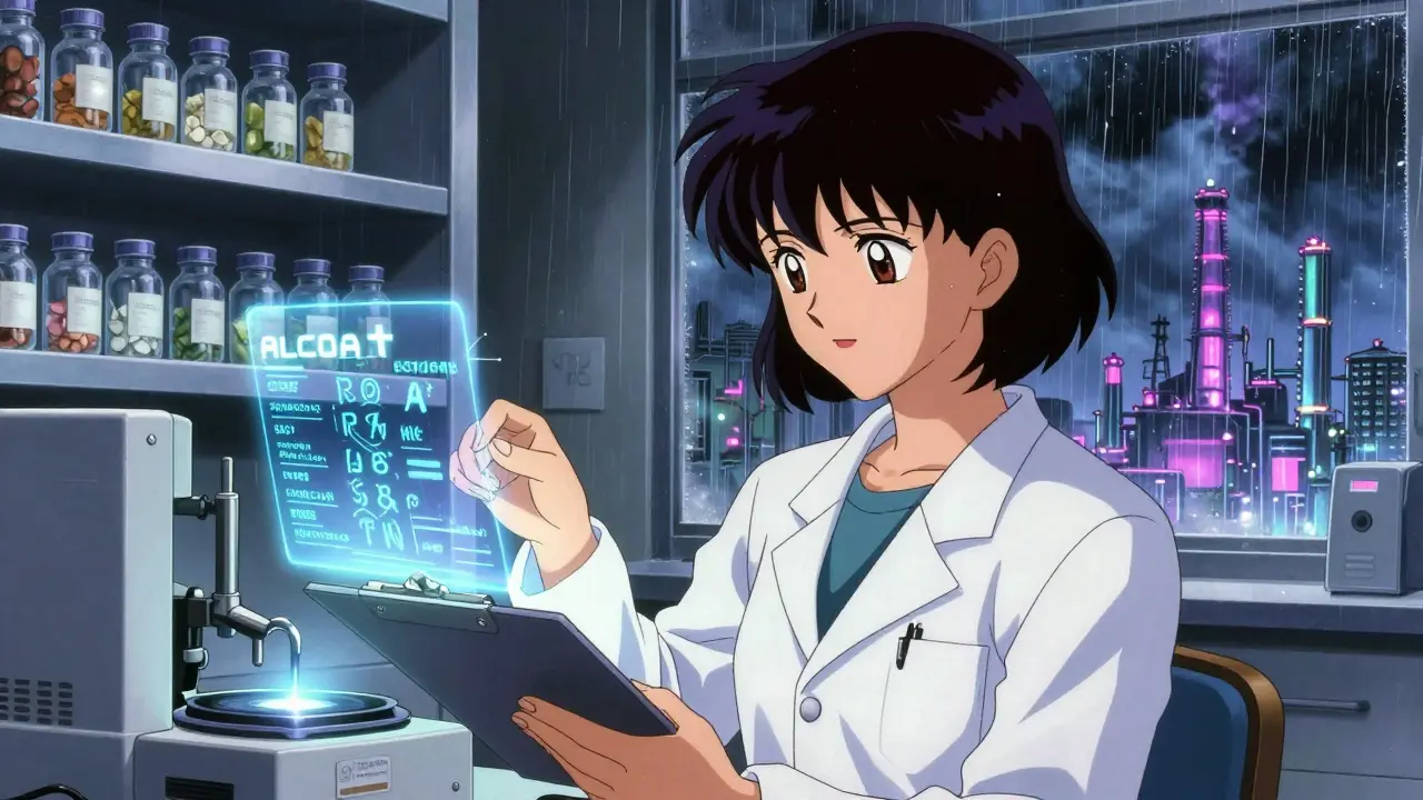 Lab technician tests a tablet as holographic ALCOA+ data floats around her, with glowing raw materials in the background.