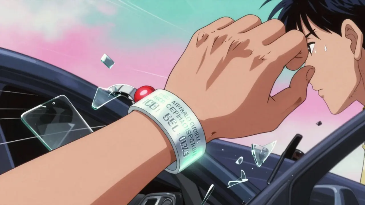 Man's wrist after car crash, silicone medical bracelet clearly visible with allergy and emergency contact engraving.