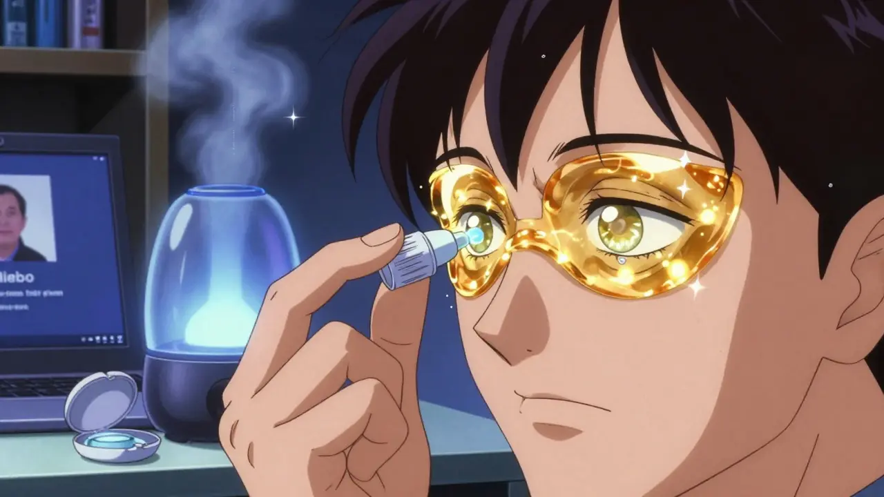 Man applying Miebo eye drops with golden oil shield glowing over his eye, humidifier behind him.