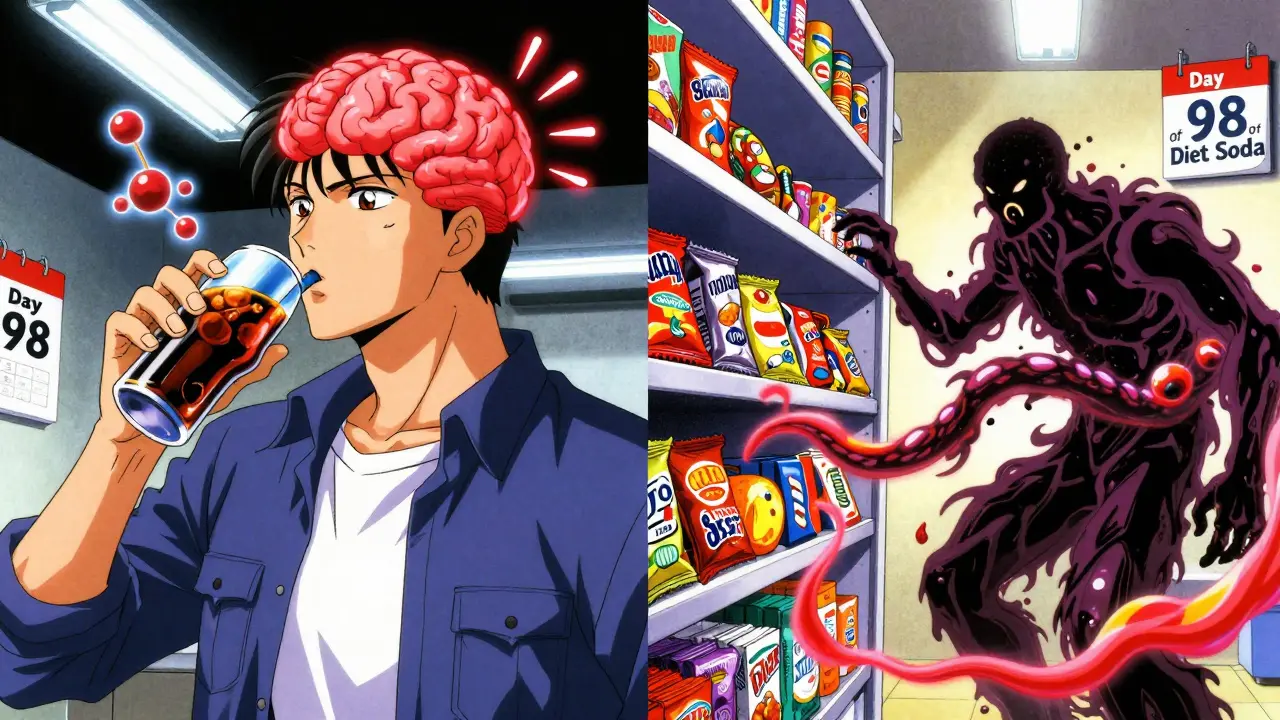 Man drinking diet soda, then raiding pantry as craving monster emerges, neon 90s anime style.