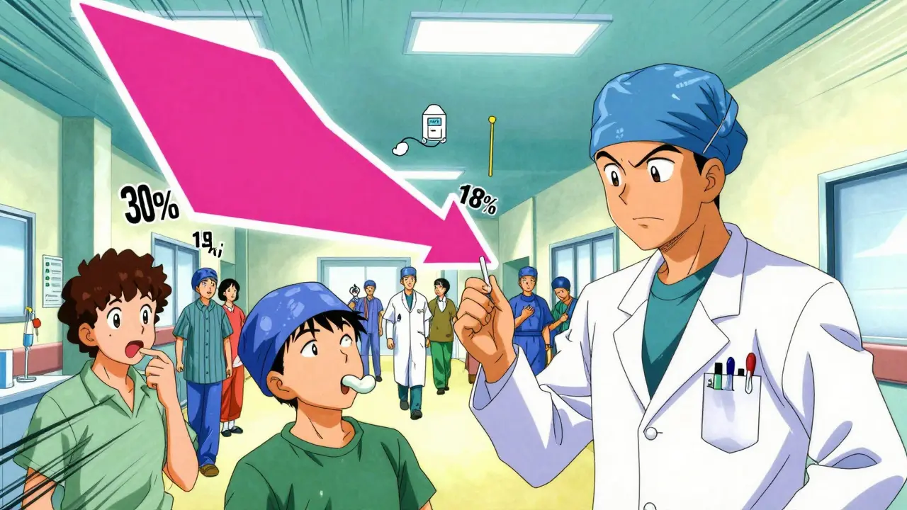 Medical team handing gum to patient while POI rates drop on animated graph, patients walking and recovering.