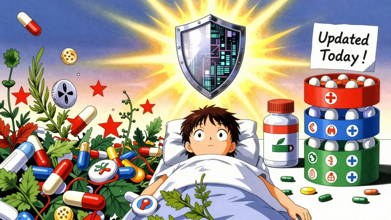 Organized medication icons in color-coded bands with a protective shield, contrasting chaotic medical clutter.