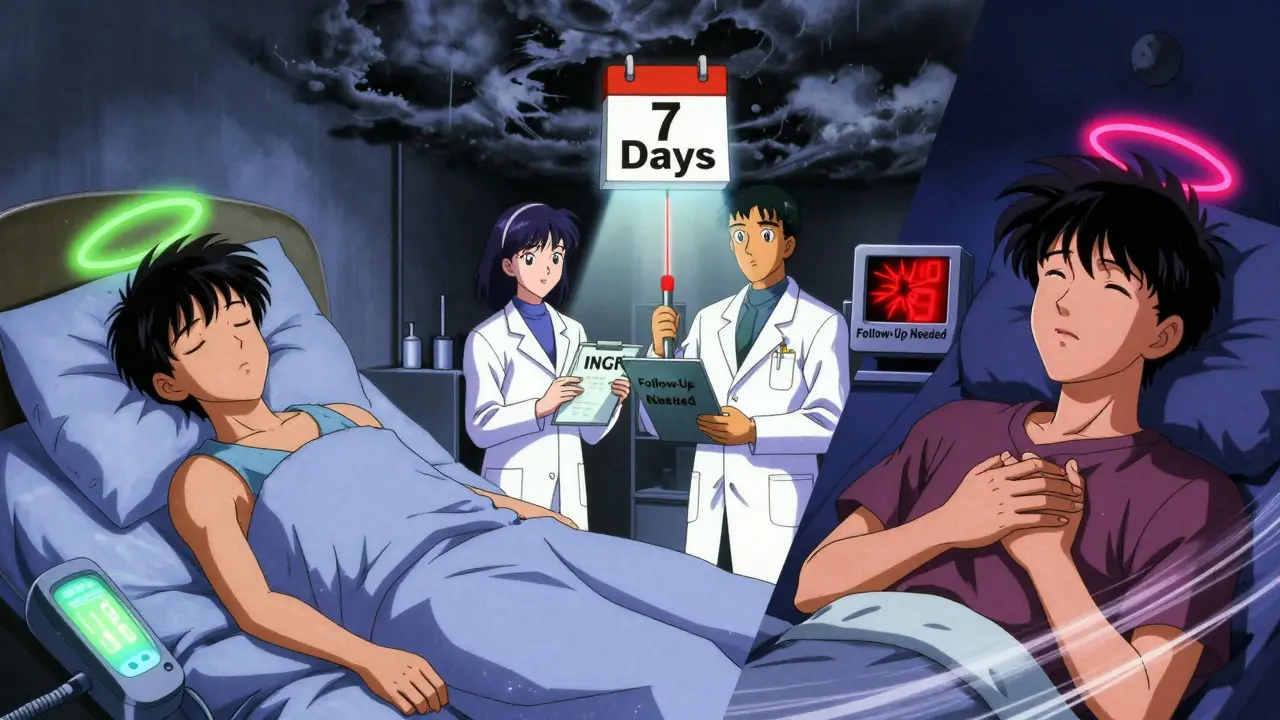 Patient contrast: peaceful vs. distressed, with medical team monitoring blood levels