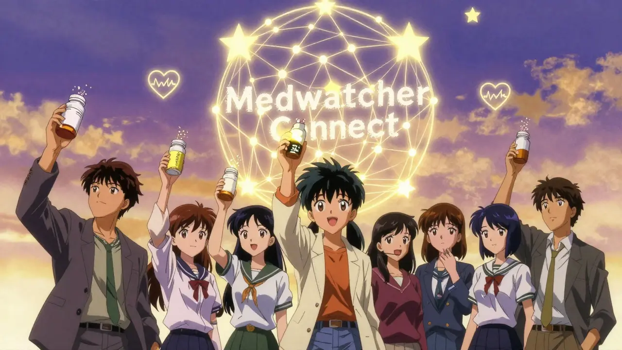 People releasing data particles into a glowing web labeled 'MedWatcher Connect' under a twilight sky.