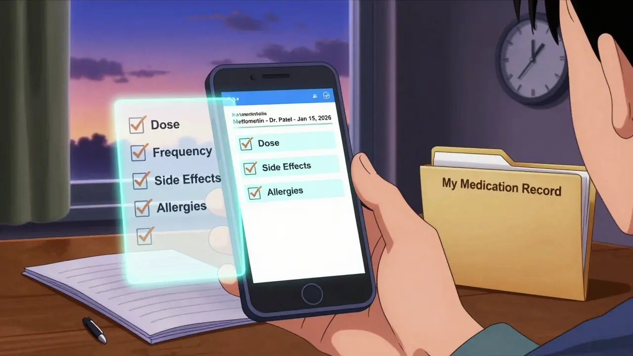 Person reviewing medication instructions on a phone screen with organized medical folder nearby