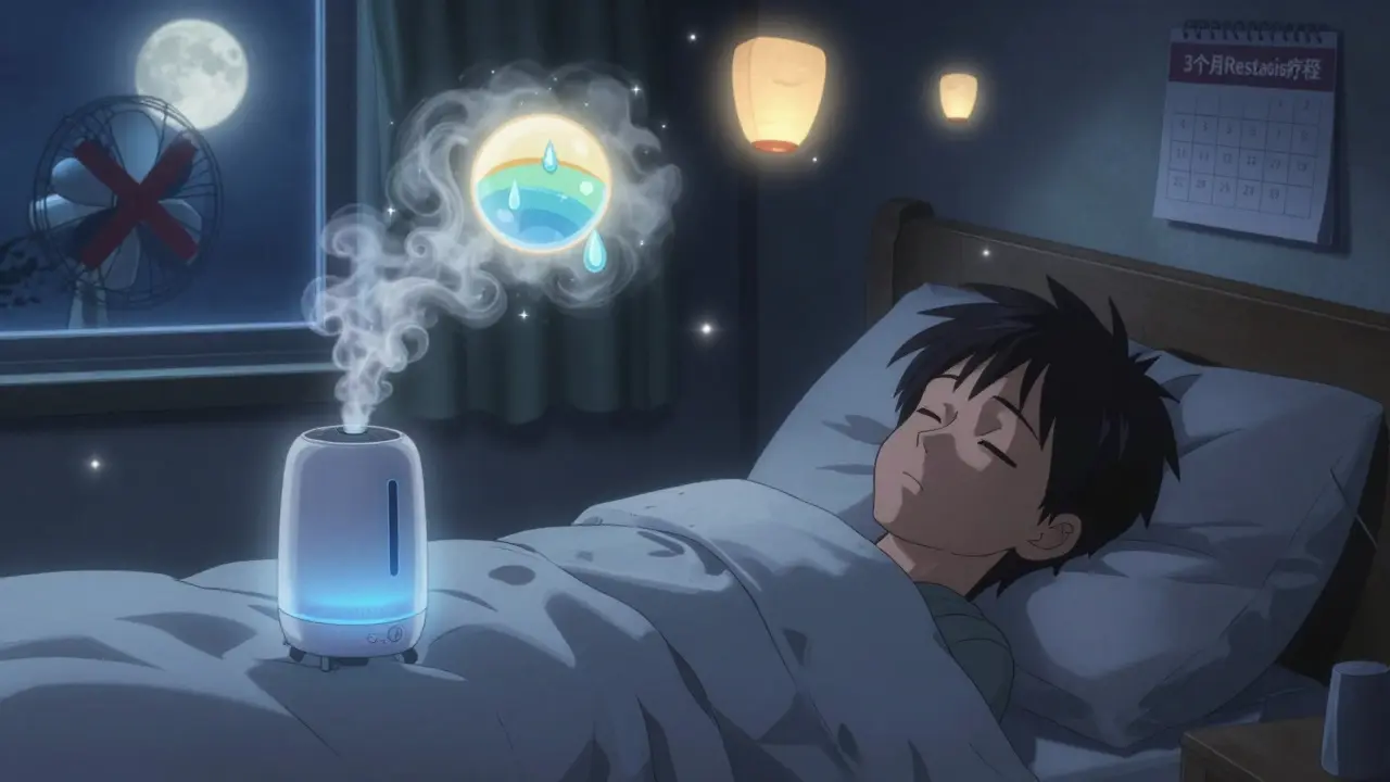 Person sleeping peacefully with tear-shaped moisture clouds rising from a humidifier, fan blocked by red X.