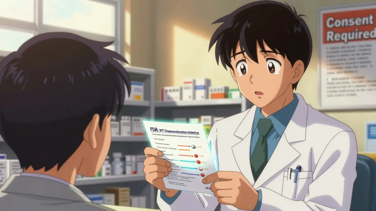 Pharmacist giving patient FDA NTI handout with animated absorption graphics